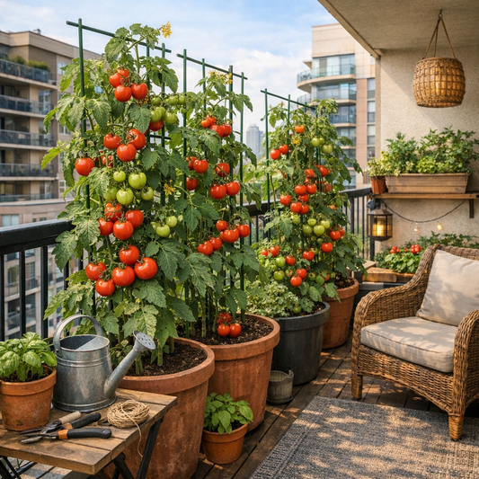 A sunny home balcony with potted tomato plants and a chair — a peaceful outdoor space for relaxation and fresh air.