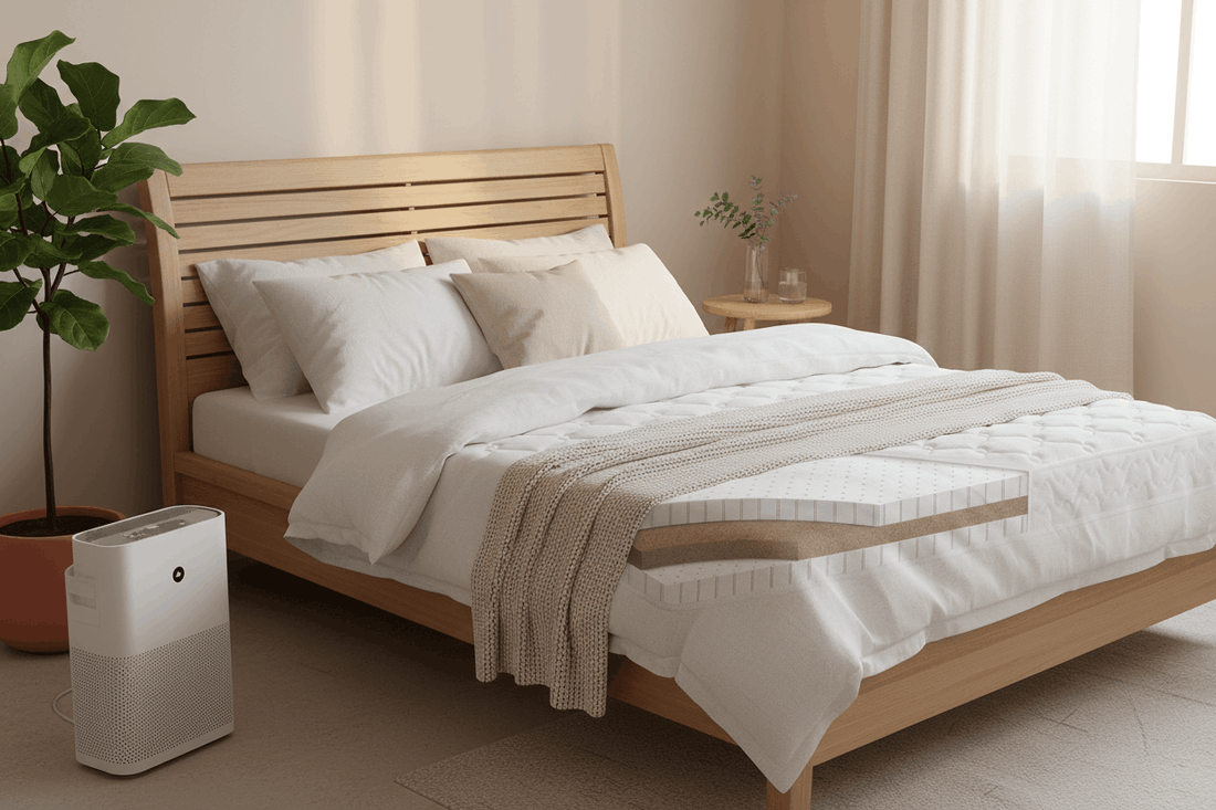 Demko organic mattress with GOLS-certified latex and organic coir layers on a wooden bed frame