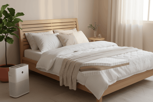 Demko organic mattress with GOLS-certified latex and organic coir layers on a wooden bed frame