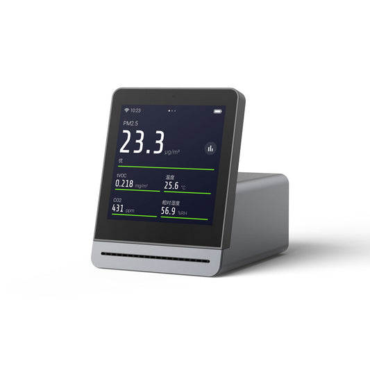 Air quality monitor with digital display on a white background