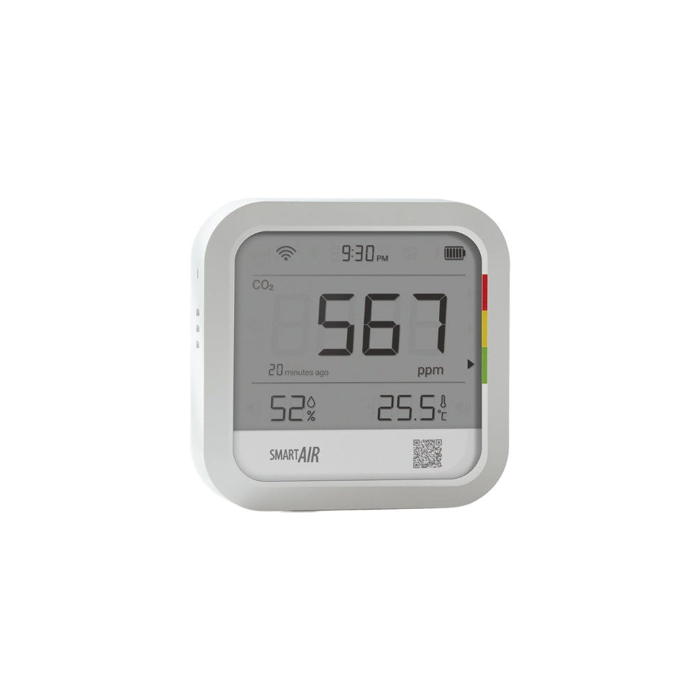 Smart air quality monitor displaying CO2 levels and temperature on a white background