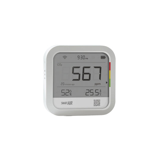 Smart air quality monitor displaying CO2 levels and temperature on a white background
