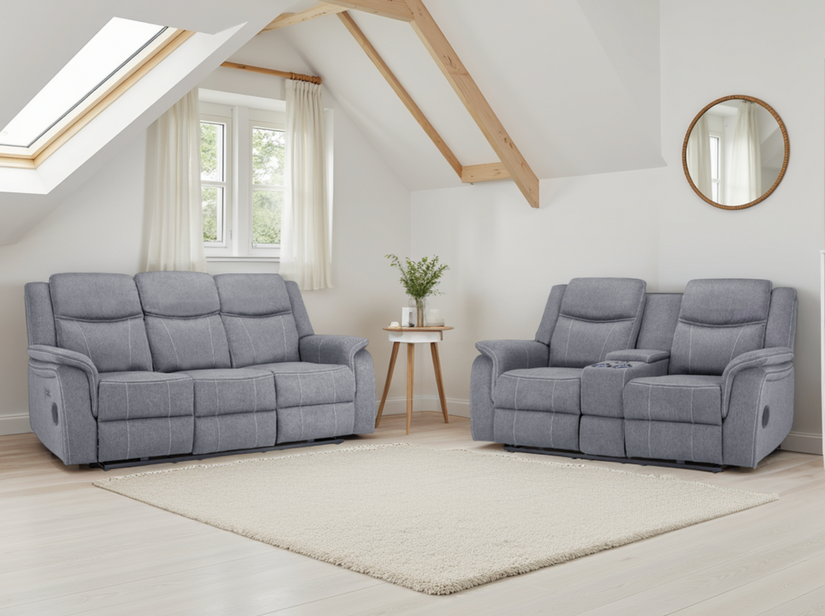 Galaxy Tech Electric Recliner Sofa Grey Fabric 3+2 Set
