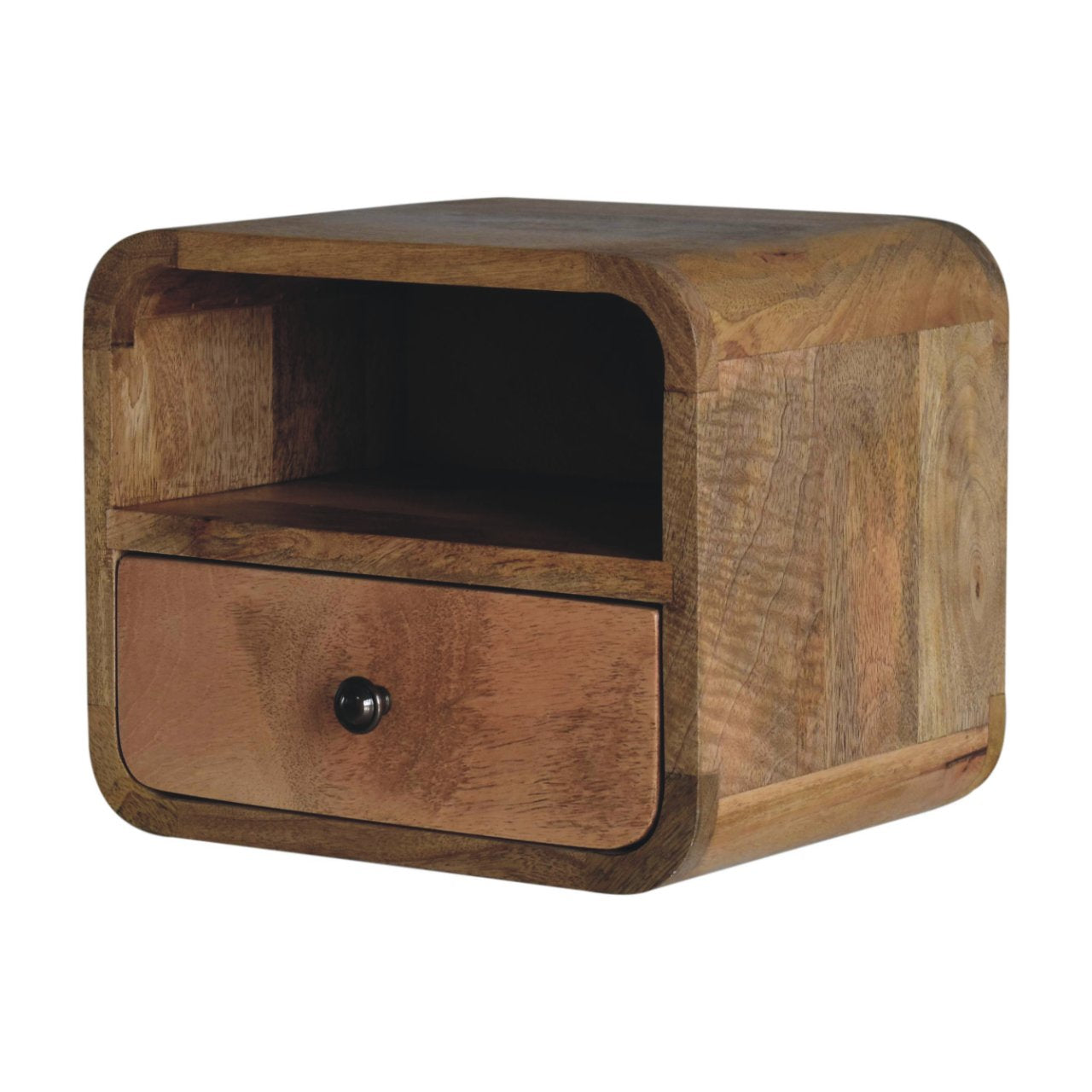 Artisan Extra Mini Wall Mounted Curved Oak-ish Bedside with Open Slot