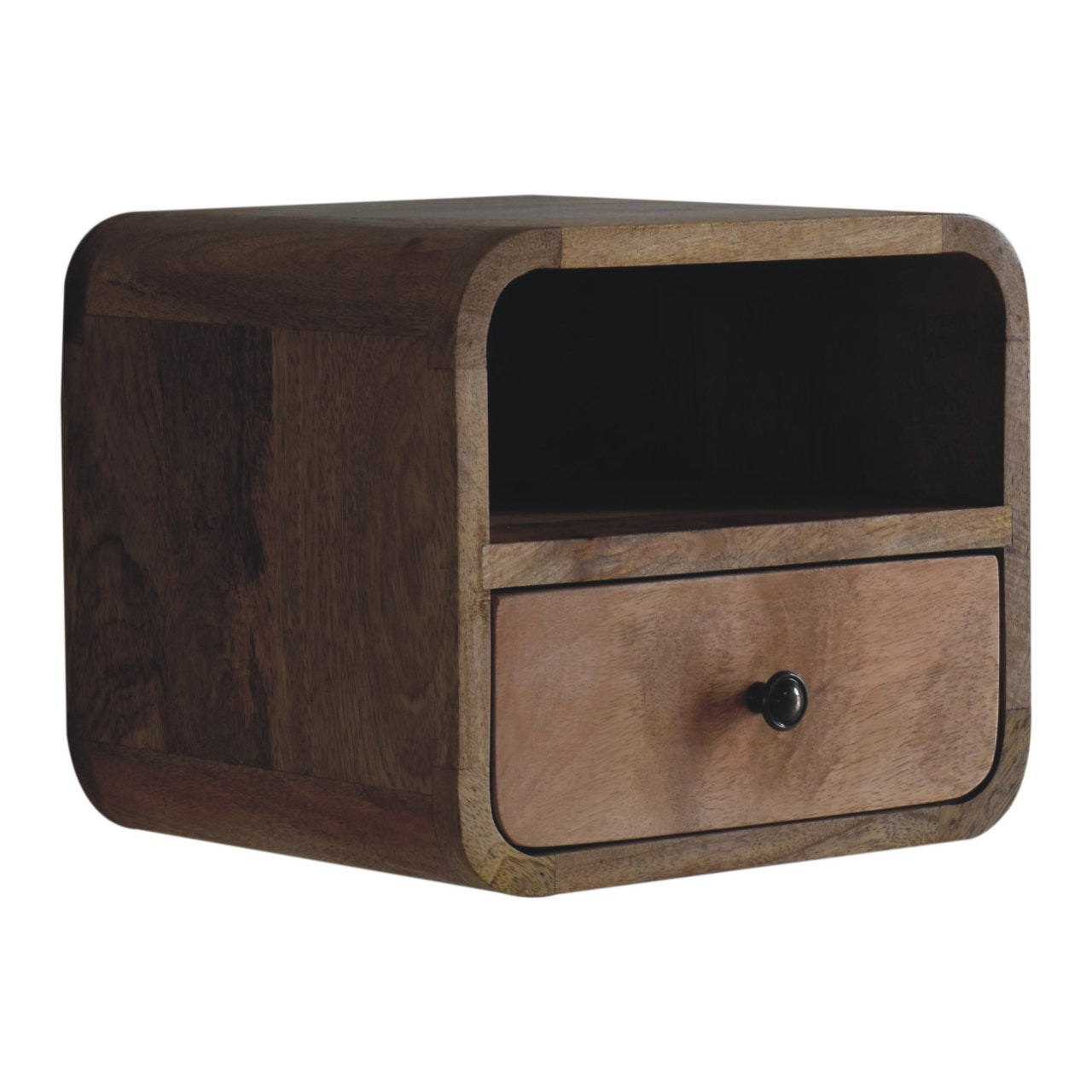 Artisan Extra Mini Wall Mounted Curved Oak-ish Bedside with Open Slot