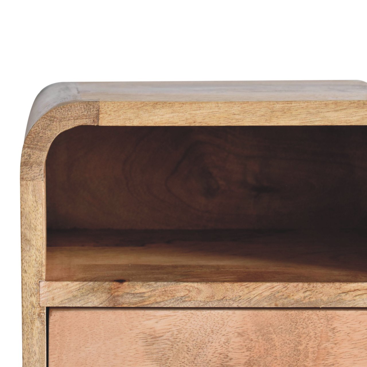 Artisan Extra Mini Wall Mounted Curved Oak-ish Bedside with Open Slot