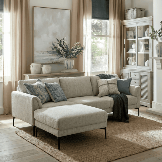 Zephra White Fabric Three-Seater Sofa with Matching Footstool