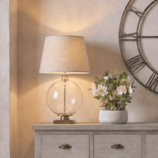 Lunel Glass Orb Table Lamp with Edged Linen Shade