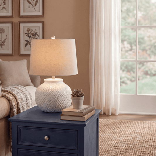Squat White Beaded Ceramic Lamp with Linen Shade